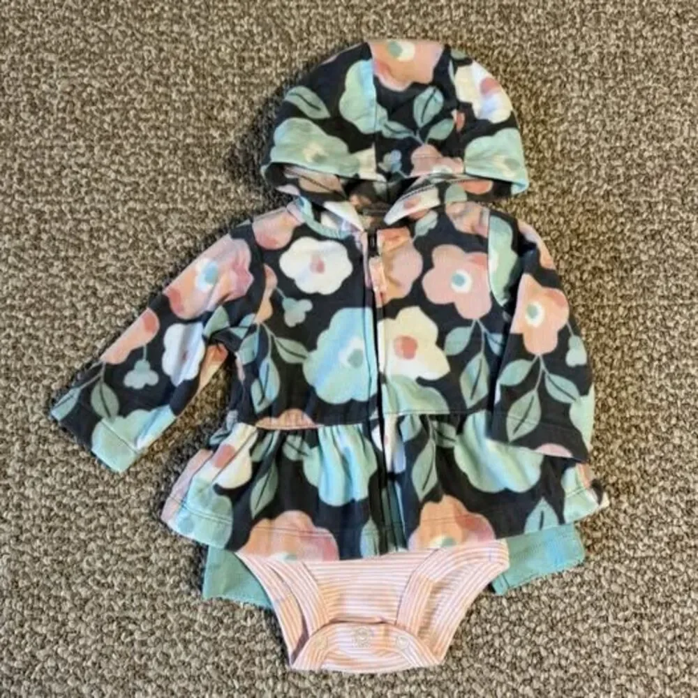 Carter's Baby Girl 3-Piece Set Floral Fleece Jacket Bodysuit Pants 3 Months